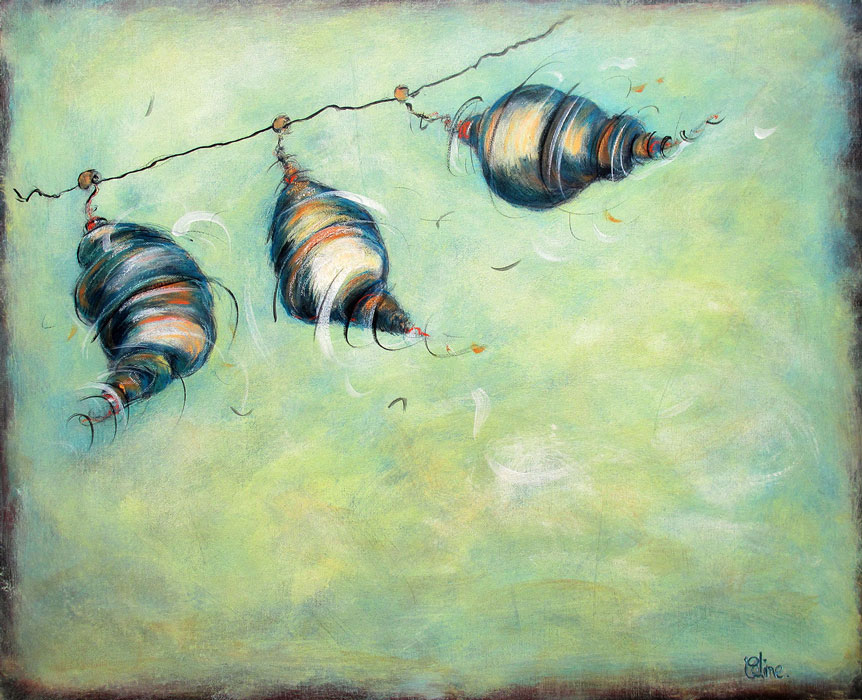 Trois volutes sur le fil. 60x73 cm. 2021. Technique mixte sur toile